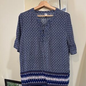 Old Navy Navy and White Geometric Tie-Neck Tunic L